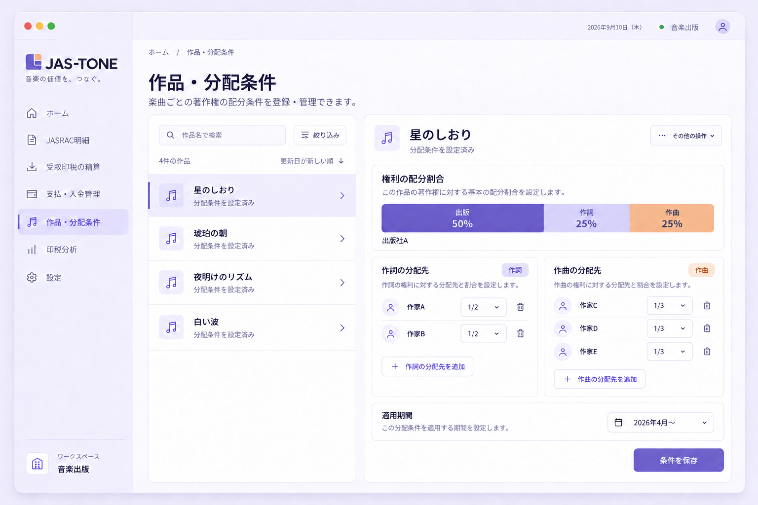 架空の作品「星のしおり」の分配条件。出版50%、作詞25%、作曲25%の持分を設定し、作詞2名・作曲3名への分配を管理。