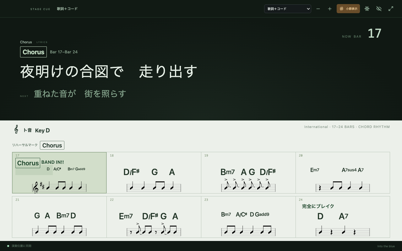 実際のBLTP Stage Cue歌詞+コード奏者画面。現在歌詞と次の歌詞に加え、4小節×2段の均等幅で8小節分のコードとリズム譜を表示している