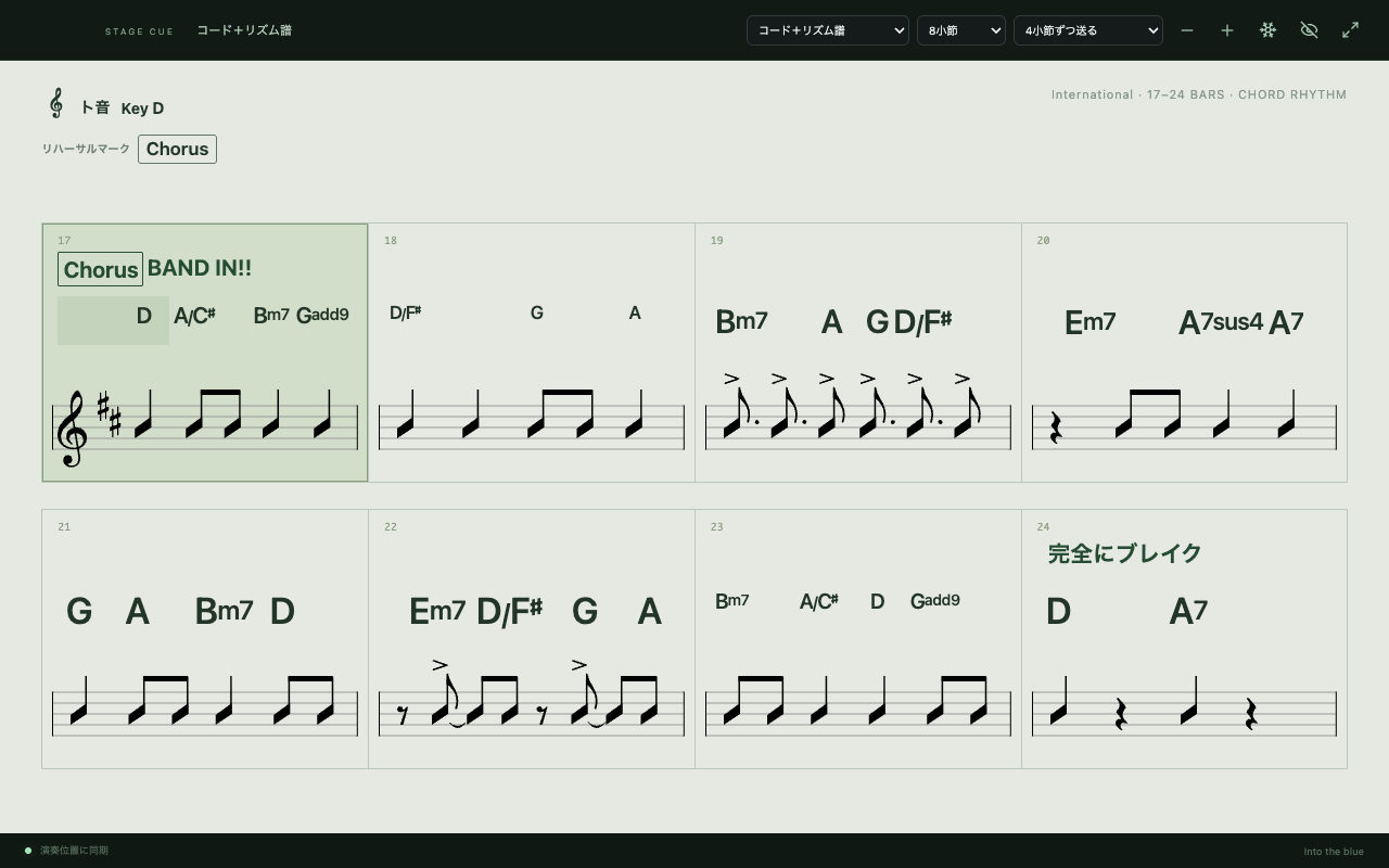 実際のBLTP Stage Cueコード+リズム譜奏者画面。4小節を2段にした8小節表示で、複数コード、4分音符と8分音符のスラッシュリズム譜、シンコペーション、リハーサルマーク、コメントを表示している