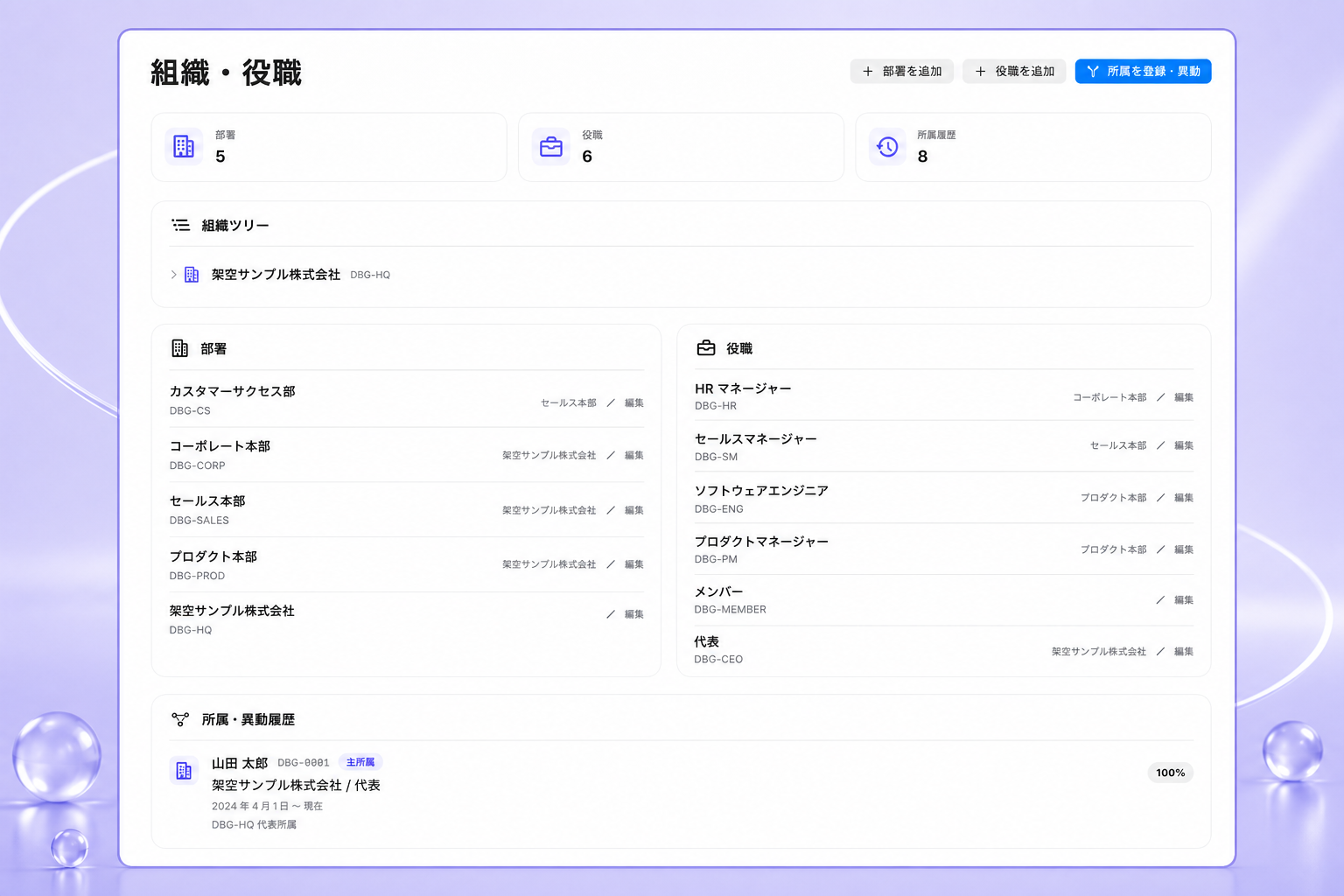 BLTP JINVAで部署・役職・所属履歴を管理する実画面
